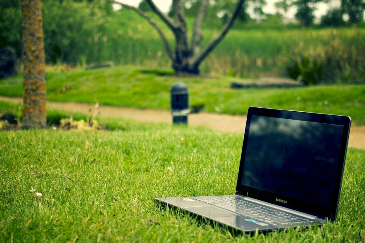 Un ordinateur portable dans l'herbe