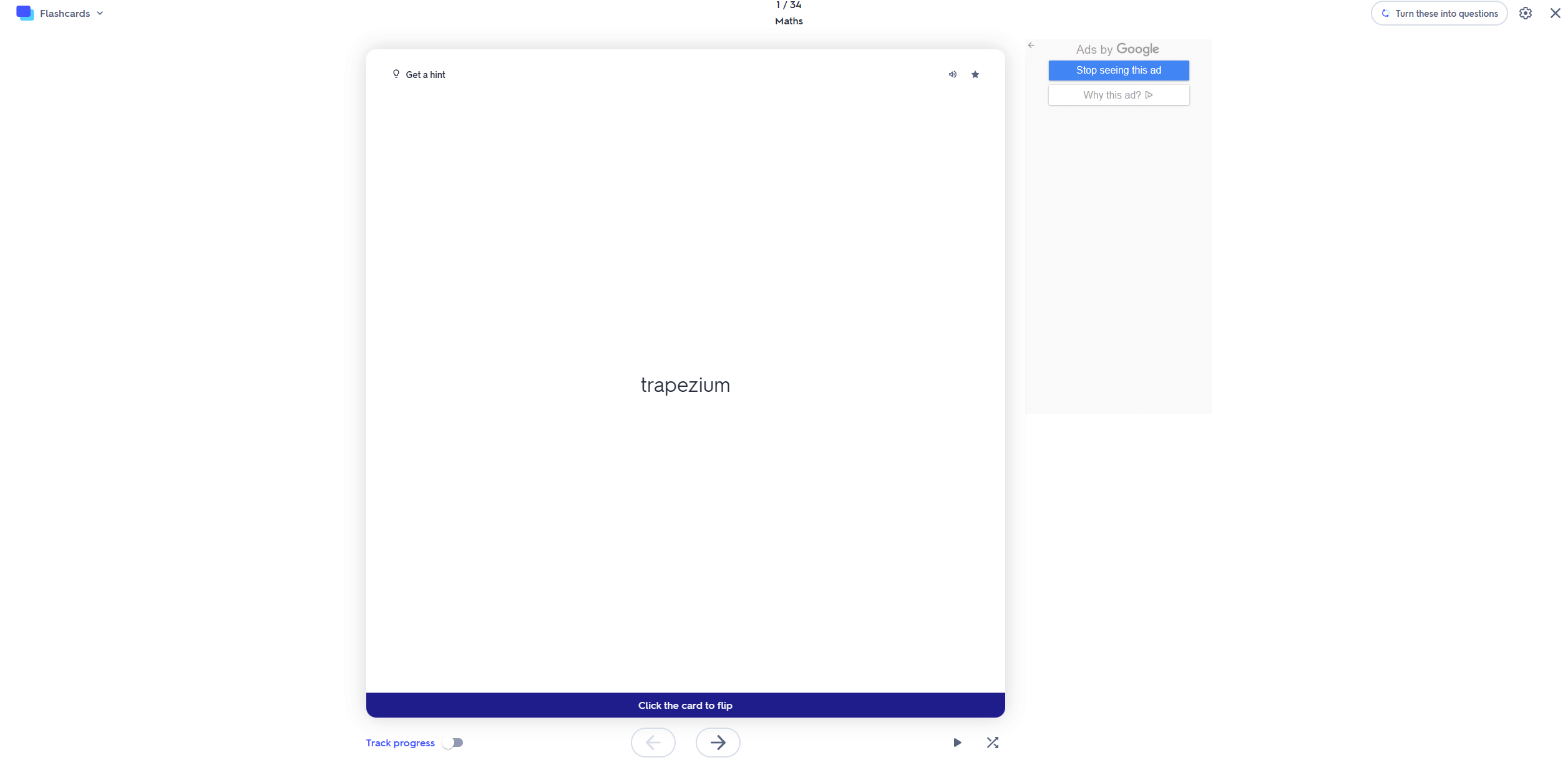 Une capture d'écran d'une flashcard Quizlet.