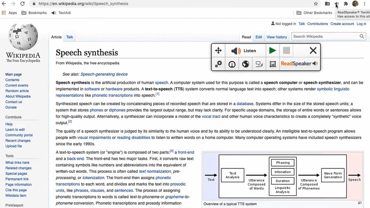 Une capture d'écran de l'application ReadSpeaker TextAid.