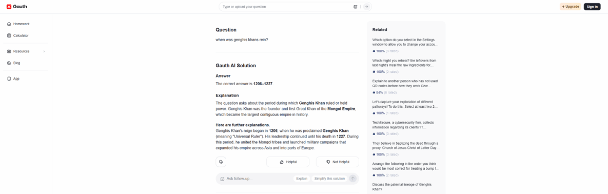 une capture d'écran de l'application Gauth