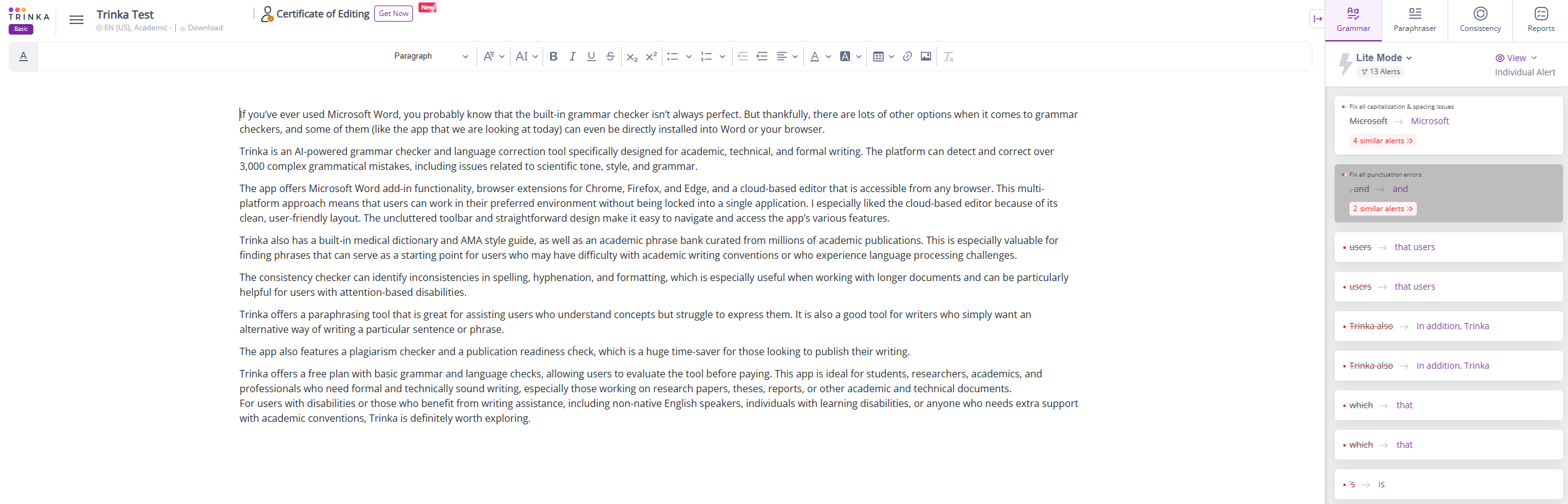 A screenshot of the Trinka app